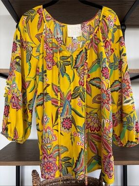 Johnny Was Silk Yellow Floral Peasant Blouse